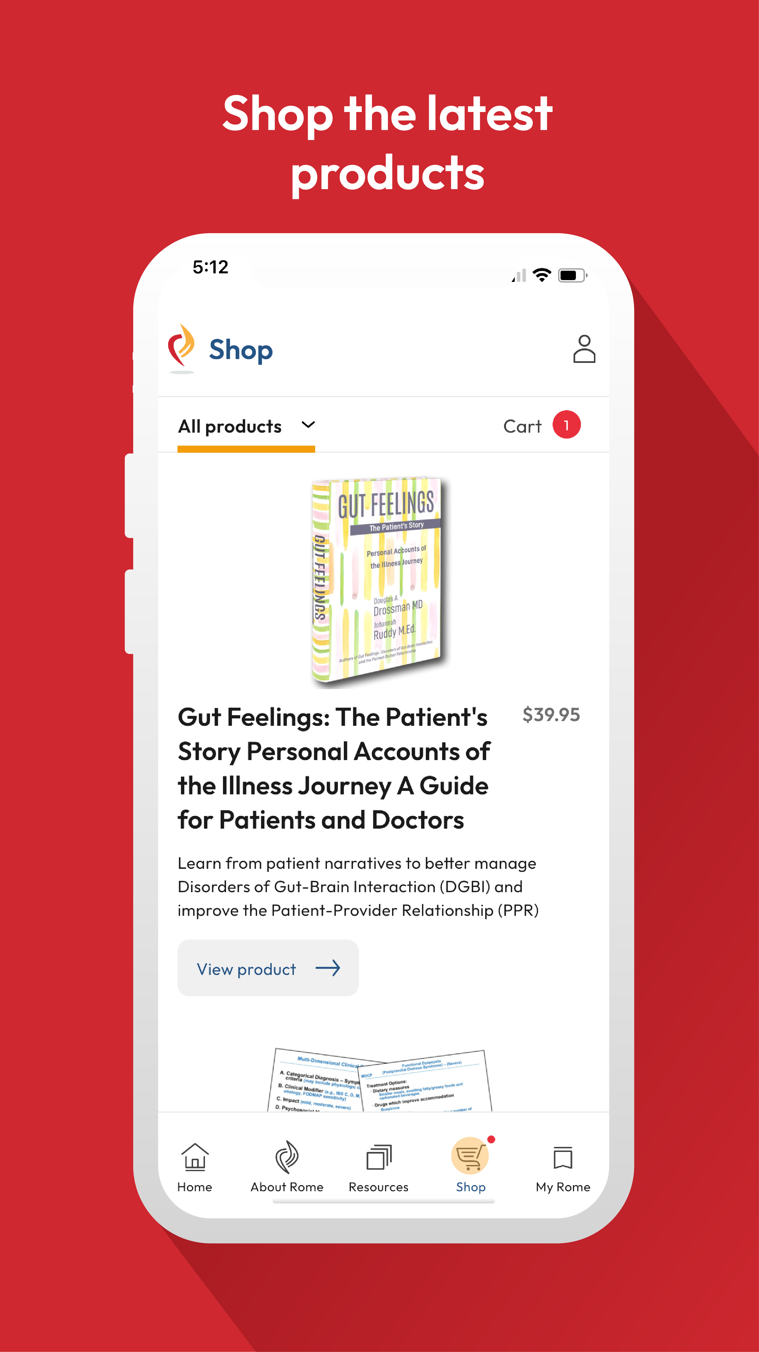 Rome Foundation app shop interface featuring medical textbooks and educational publications for purchase